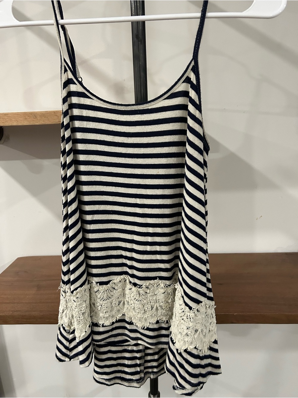 Xhilaration Navy and White Striped Lace-Trim Tank